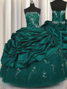 Pick Ups Embroidery Strapless Sleeveless Lace Up Sweet 16 Dresses Peacock Green Taffeta