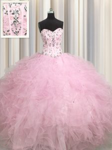 Nice Visible Boning Sweetheart Sleeveless Tulle Quince Ball Gowns Beading and Appliques and Ruffles Lace Up