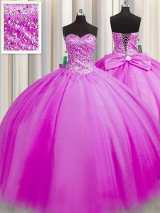 Glorious Really Puffy Sleeveless Tulle Floor Length Lace Up Sweet 16 Quinceanera Dress in Fuchsia with Beading