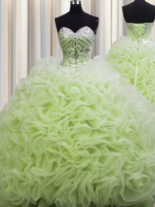 Brush Train Sleeveless Fabric With Rolling Flowers Floor Length Lace Up Quinceanera Gowns in Yellow Green with Beading and Pick Ups