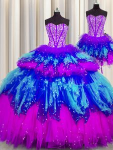 Three Piece Visible Boning Multi-color Tulle Lace Up Sweetheart Sleeveless Floor Length Ball Gown Prom Dress Beading and Ruffles and Ruffled Layers and Sequins
