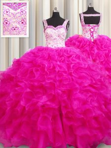 On Sale Straps Sleeveless Organza Ball Gown Prom Dress Beading and Ruffles Lace Up