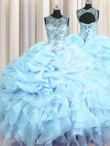 See Through Light Blue 15 Quinceanera Dress Military Ball and Sweet 16 and Quinceanera and For with Beading and Ruffles and Pick Ups Scoop Sleeveless Lace Up