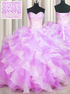 Noble Visible Boning Two Tone Multi-color Organza Lace Up Sweetheart Sleeveless Floor Length 15 Quinceanera Dress Beading and Ruffles