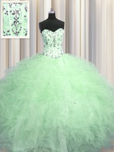 Unique Visible Boning Beading and Appliques and Ruffles 15 Quinceanera Dress Apple Green Lace Up Sleeveless Floor Length