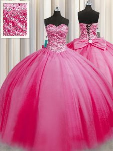 Hot Sale Big Puffy Rose Pink Lace Up Sweetheart Beading Juniors Party Dress Tulle Sleeveless