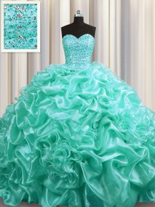 Glamorous Aqua Blue Ball Gowns Sweetheart Sleeveless Organza With Train Court Train Lace Up Beading and Pick Ups Quinceanera Dresses