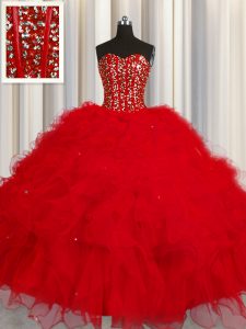 Visible Boning Sweetheart Sleeveless Lace Up Quinceanera Dresses Red Tulle