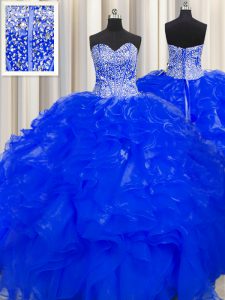 Visible Boning Beaded Bodice Royal Blue Lace Up Sweetheart Beading and Ruffles Sweet 16 Dresses Organza Sleeveless