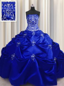 Custom Design Embroidery Strapless Sleeveless Lace Up Sweet 16 Dress Royal Blue Taffeta