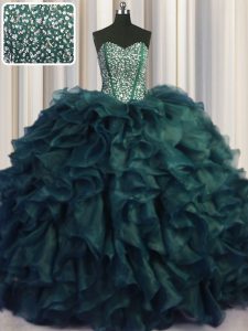 Visible Boning Bling-bling Peacock Green Organza Lace Up Sweetheart Sleeveless With Train Ball Gown Prom Dress Brush Train Beading and Ruffles
