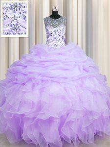 Fashion See Through Lavender Ball Gowns Scoop Sleeveless Organza Floor Length Lace Up Beading and Ruffles and Pick Ups 15 Quinceanera Dress