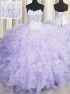 Scalloped Floor Length Lace Up Vestidos de Damas Lavender for Military Ball and Sweet 16 and Quinceanera with Beading and Ruffles