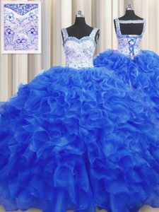 Dramatic Royal Blue Lace Up Straps Beading Quinceanera Gowns Organza Sleeveless