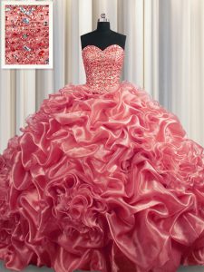 Pick Ups Court Train Ball Gowns Quinceanera Dress Watermelon Red Sweetheart Organza Sleeveless With Train Lace Up
