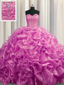 Elegant With Train Lace Up Casual Dresses Lilac for Military Ball and Sweet 16 and Quinceanera with Beading and Pick Ups Court Train