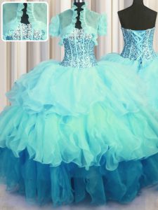 Colorful Visible Boning Bling-bling Multi-color Sleeveless Beading and Ruffled Layers Floor Length Quince Ball Gowns