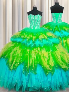 Bling-bling Visible Boning Sweetheart Sleeveless Quinceanera Gown Floor Length Beading and Ruffles and Ruffled Layers and Sequins Multi-color Tulle