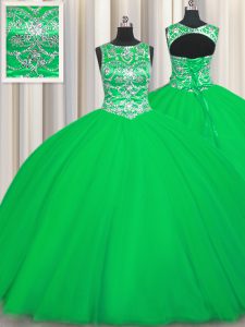 Customized Scoop Floor Length Green Vestidos de Quinceanera Tulle Sleeveless Beading