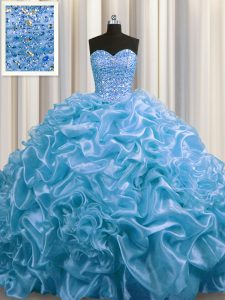 Court Train Baby Blue Ball Gowns Beading and Pick Ups Quinceanera Gowns Lace Up Organza Sleeveless Floor Length