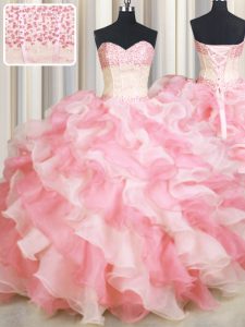 Visible Boning Two Tone Organza Sweetheart Sleeveless Lace Up Beading and Ruffles Sweet 16 Quinceanera Dress in Pink And White