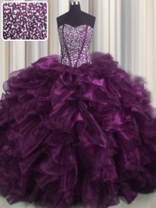Enchanting Visible Boning Dark Purple 15th Birthday Dress Military Ball and Sweet 16 and Quinceanera and For with Beading and Ruffles Sweetheart Sleeveless Brush Train Lace Up