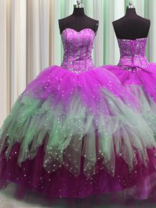 Visible Boning Sleeveless Floor Length Beading and Ruffles and Sequins Lace Up 15 Quinceanera Dress with Multi-color