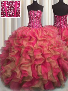 Sumptuous Visible Boning Beaded Bodice Strapless Sleeveless Organza 15th Birthday Dress Beading and Ruffles Lace Up