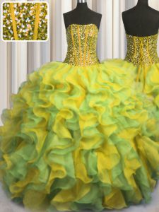 Custom Design Visible Boning Bling-bling Strapless Sleeveless Organza Sweet 16 Dresses Beading and Ruffles Lace Up