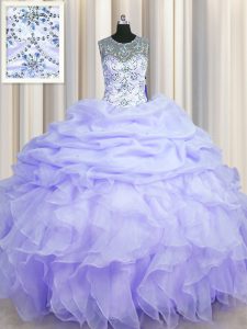 Shining See Through Scoop Lavender Sleeveless Beading and Ruffles and Pick Ups Floor Length Quinceanera Dresses