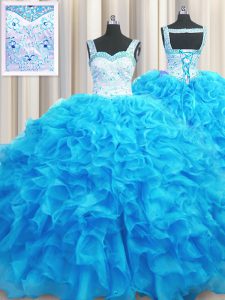 Stylish Straps Sleeveless 15 Quinceanera Dress Floor Length Beading and Ruffles Aqua Blue Organza