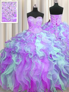 Sleeveless Floor Length Beading and Appliques and Ruffles Lace Up Vestidos de Quinceanera with Multi-color