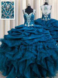 Zipple Up See Through Back Teal Ball Gowns Organza Straps Sleeveless Beading and Ruffles and Sequins and Pick Ups Floor Length Zipper Quince Ball Gowns