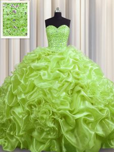 Low Price Yellow Green Ball Gowns Organza Sweetheart Sleeveless Beading and Pick Ups With Train Lace Up 15 Quinceanera Dress Court Train