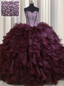 Visible Boning With Train Ball Gowns Sleeveless Burgundy Ball Gown Prom Dress Brush Train Lace Up
