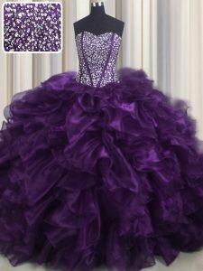 Modern Bling-bling Sweetheart Sleeveless Brush Train Lace Up Ball Gown Prom Dress Purple Organza