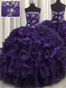 Edgy Strapless Sleeveless Organza Quince Ball Gowns Appliques and Ruffles and Ruffled Layers Lace Up