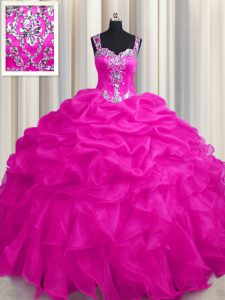 See Through Zipper Up Floor Length Ball Gowns Sleeveless Hot Pink 15th Birthday Dress Zipper