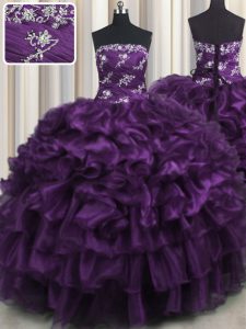 Purple Organza Lace Up Strapless Sleeveless Floor Length Sweet 16 Dress Appliques and Ruffles and Ruffled Layers