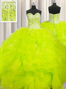 Spectacular Visible Boning Beaded Bodice Yellow Ball Gowns Sweetheart Sleeveless Organza Floor Length Lace Up Beading and Ruffles Quinceanera Gowns