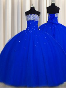 Suitable Really Puffy Royal Blue Lace Up Ball Gown Prom Dress Beading and Sequins Sleeveless Floor Length