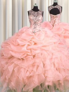 See Through Scoop Sleeveless Organza Quinceanera Dresses Beading and Ruffles and Pick Ups Lace Up