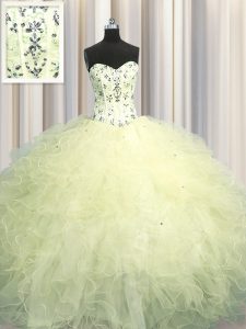 Sophisticated Visible Boning Light Yellow Ball Gowns Tulle Sweetheart Sleeveless Beading and Appliques and Ruffles Floor Length Lace Up Quinceanera Dress