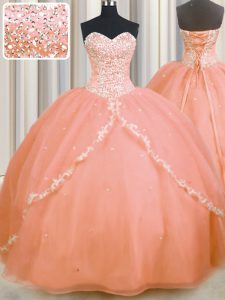 With Train Lace Up 15th Birthday Dress Peach for Military Ball and Sweet 16 and Quinceanera with Beading and Appliques Brush Train