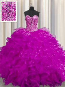 See Through Floor Length Fuchsia Juniors Party Dress Sweetheart Sleeveless Lace Up