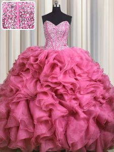 Affordable Visible Boning Bling-bling Rose Pink Quinceanera Gowns Military Ball and Sweet 16 and Quinceanera and For with Beading and Ruffles Sweetheart Sleeveless Brush Train Lace Up