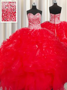 Suitable Visible Boning Beaded Bodice Red Damas Dress Military Ball and Sweet 16 and Quinceanera and For with Beading and Ruffles Sweetheart Sleeveless Lace Up