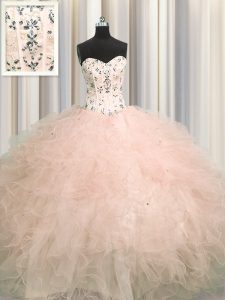 Visible Boning Pink Ball Gowns Tulle Sweetheart Sleeveless Beading and Appliques and Ruffles Floor Length Lace Up Vestidos de Quinceanera