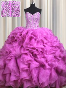 Shining Visible Boning Fuchsia Ball Gowns Organza Sweetheart Sleeveless Beading and Ruffles With Train Lace Up 15th Birthday Dress Brush Train