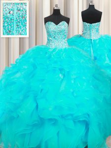 Visible Boning Beaded Bodice Sleeveless Beading and Ruffles Lace Up 15 Quinceanera Dress